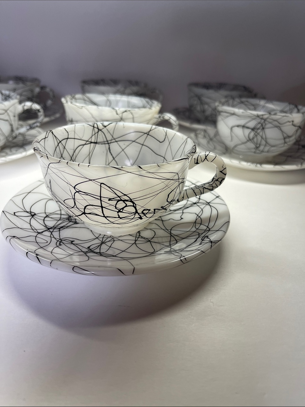 Hazel Atlas Milk Glass Cup & Saucer Set 7 Black Spaghetti Drizzle